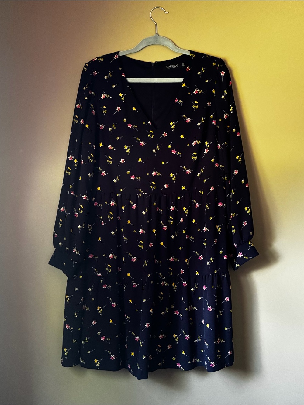 Ralph Lauren Navy Floral V-Neck Long Sleeve Dress